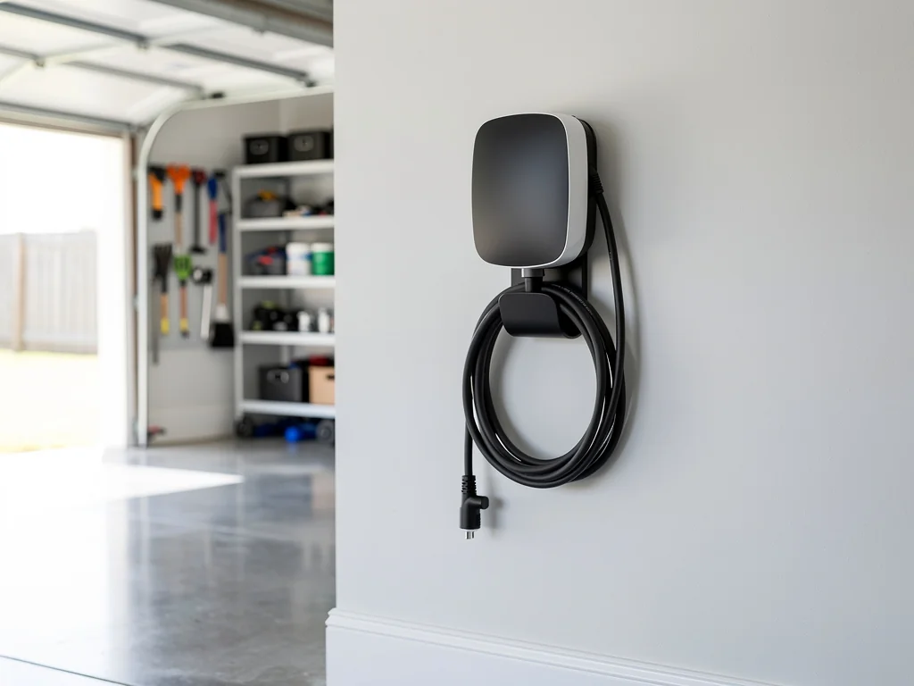 Wallbox de recharge fixée au mur d'un garage résidentiel