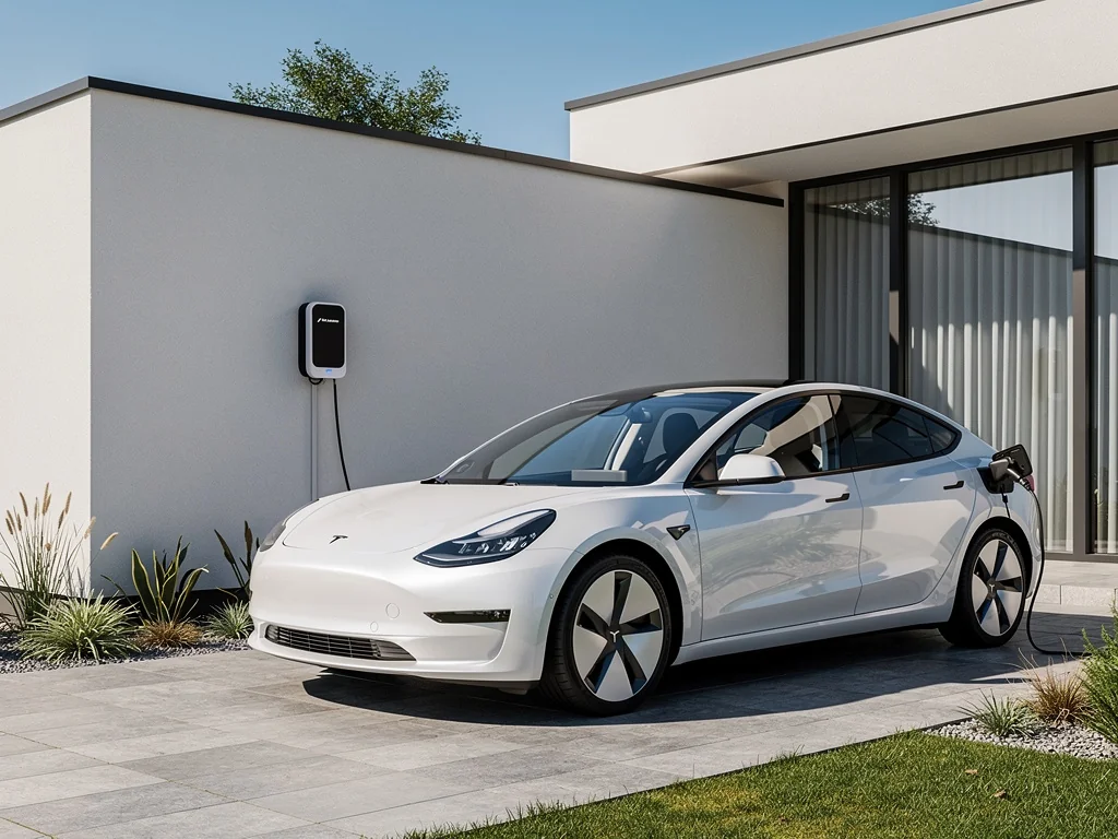 Voiture électrique branchée à une borne devant une maison