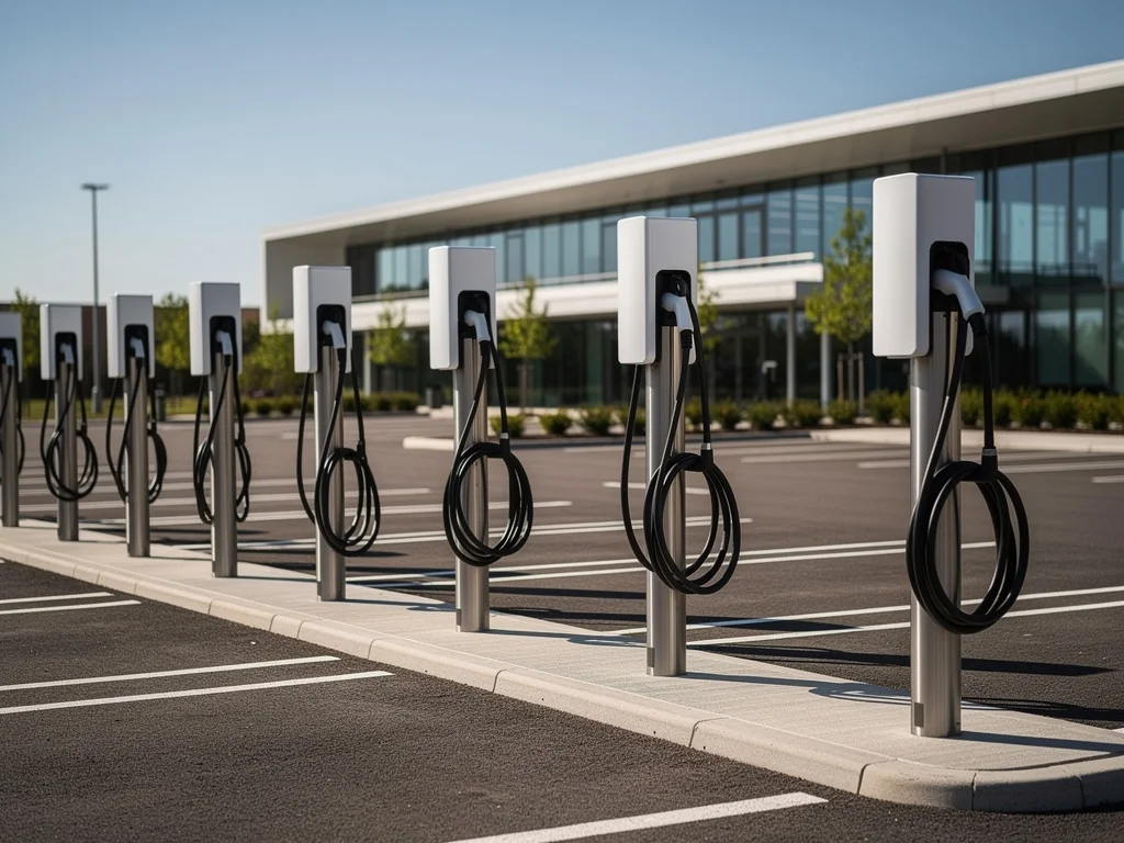 Bornes de recharge sur pied alignées sur un parking d'entreprise