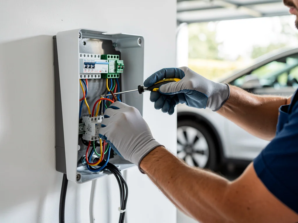 Électricien habilité IRVE raccordant une station murale